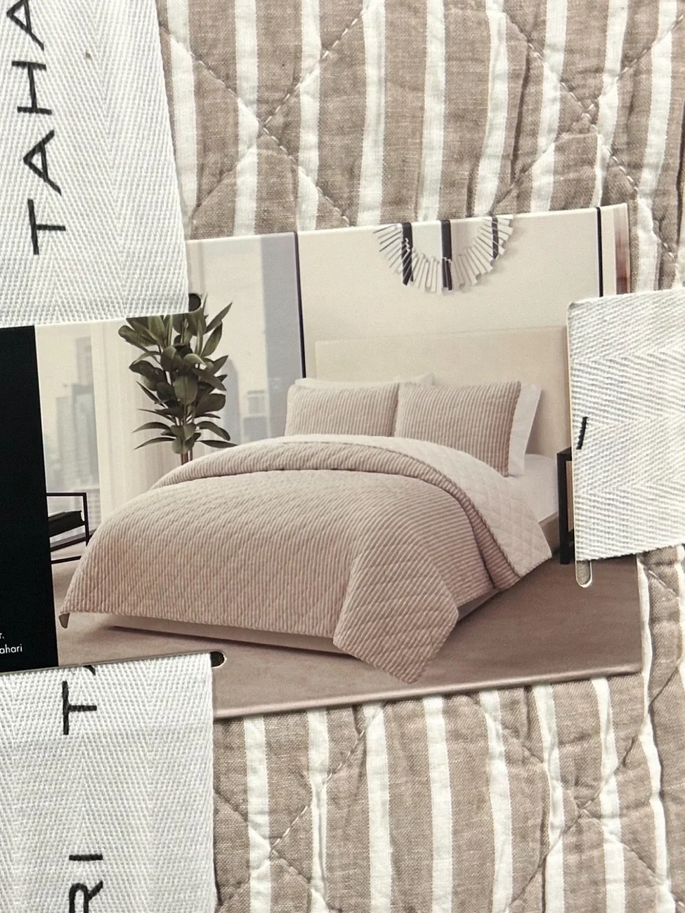 Tahari Tan and White Linen Cotton Blend Quilt 106”x92”